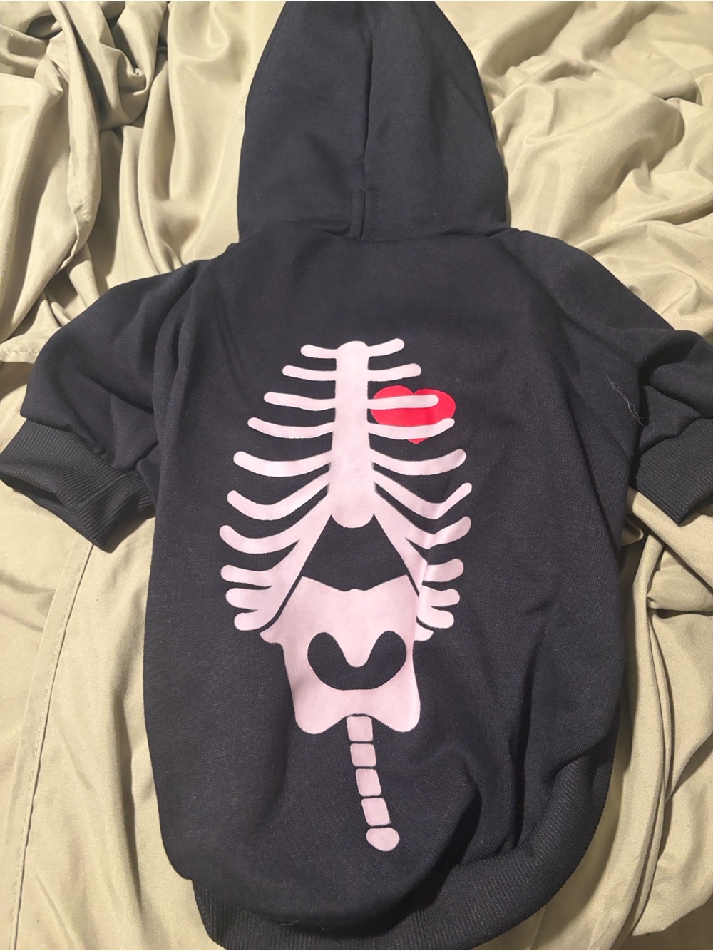 Bark Black Hoodie Costume with Pink Skeleton and Red Heart Accent